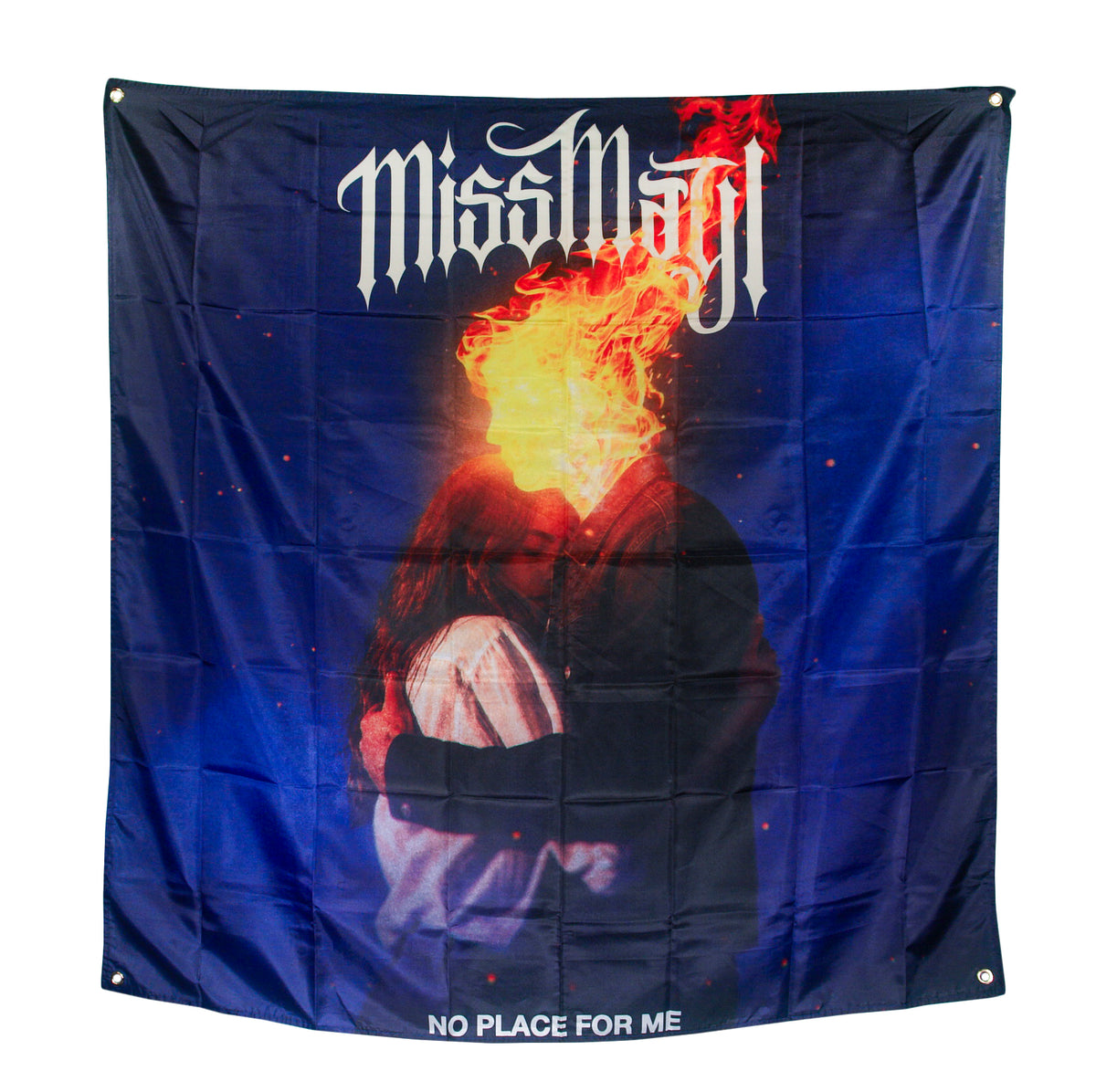 The No Place For Me - 4′ X 4′ Banner features two people hugging—one with a flaming head—with “Miss May I” at the top and “No Place For Me” at the bottom, creating a bold display for any room.