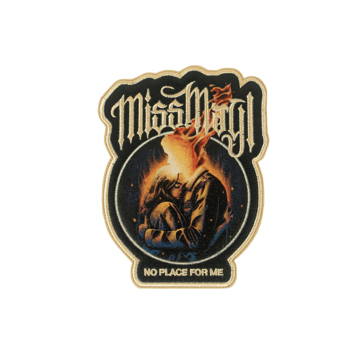 The No Place For Me - Woven Patch features “Miss May I” at the top, two figures embracing—one with a head on fire—and “NO PLACE FOR ME” at the bottom.